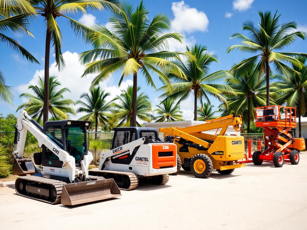 Compact excavator, skid steer, telehandler and scissor lift in a Cayman equipment yard