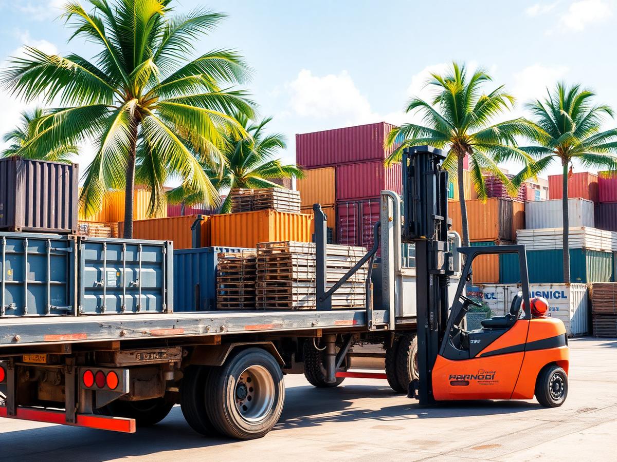 Flatbed truck and forklift unloading materials at a Cayman Islands materials yard