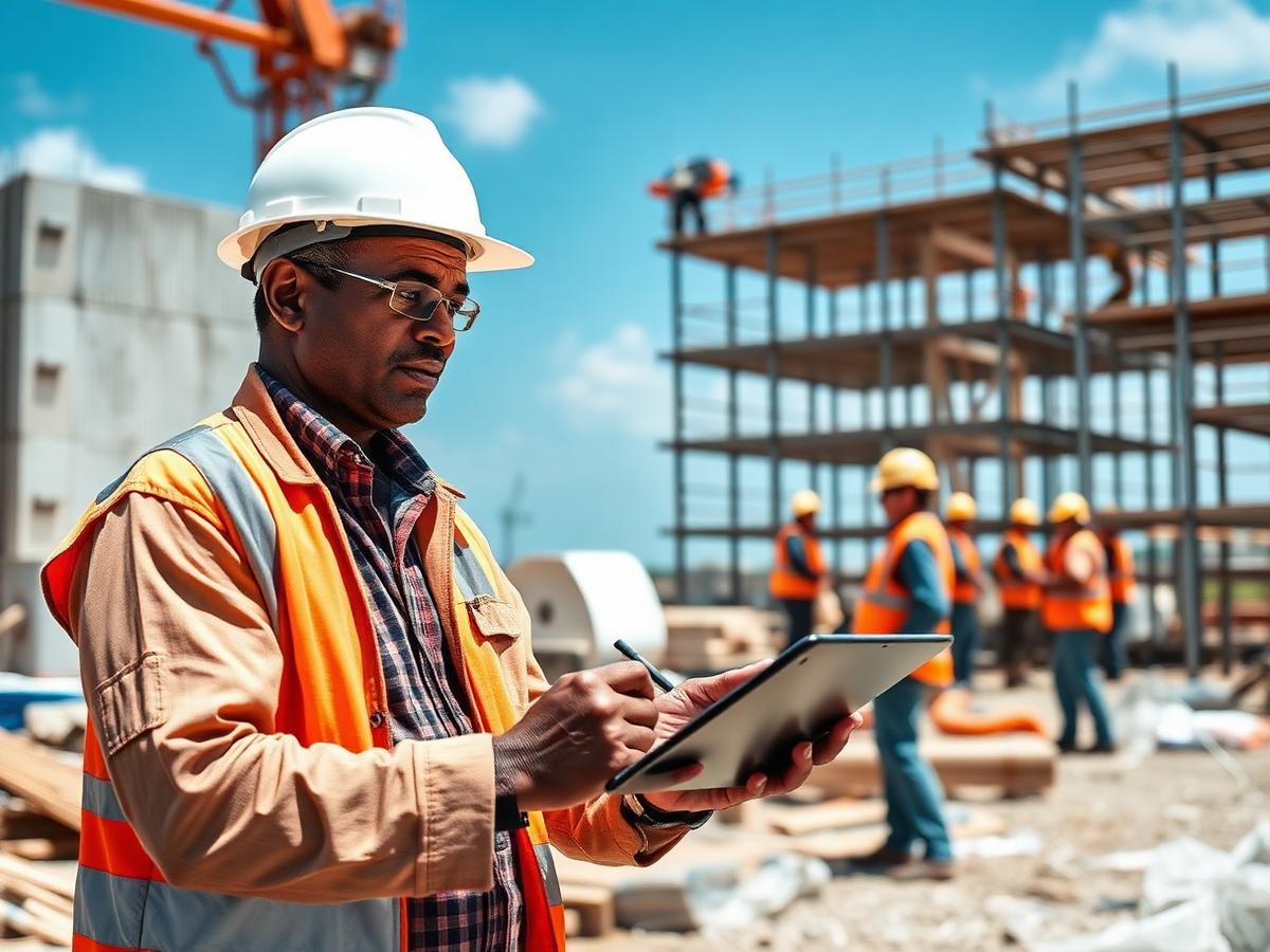 Site manager coordinating crews and deliveries on a Caribbean construction site