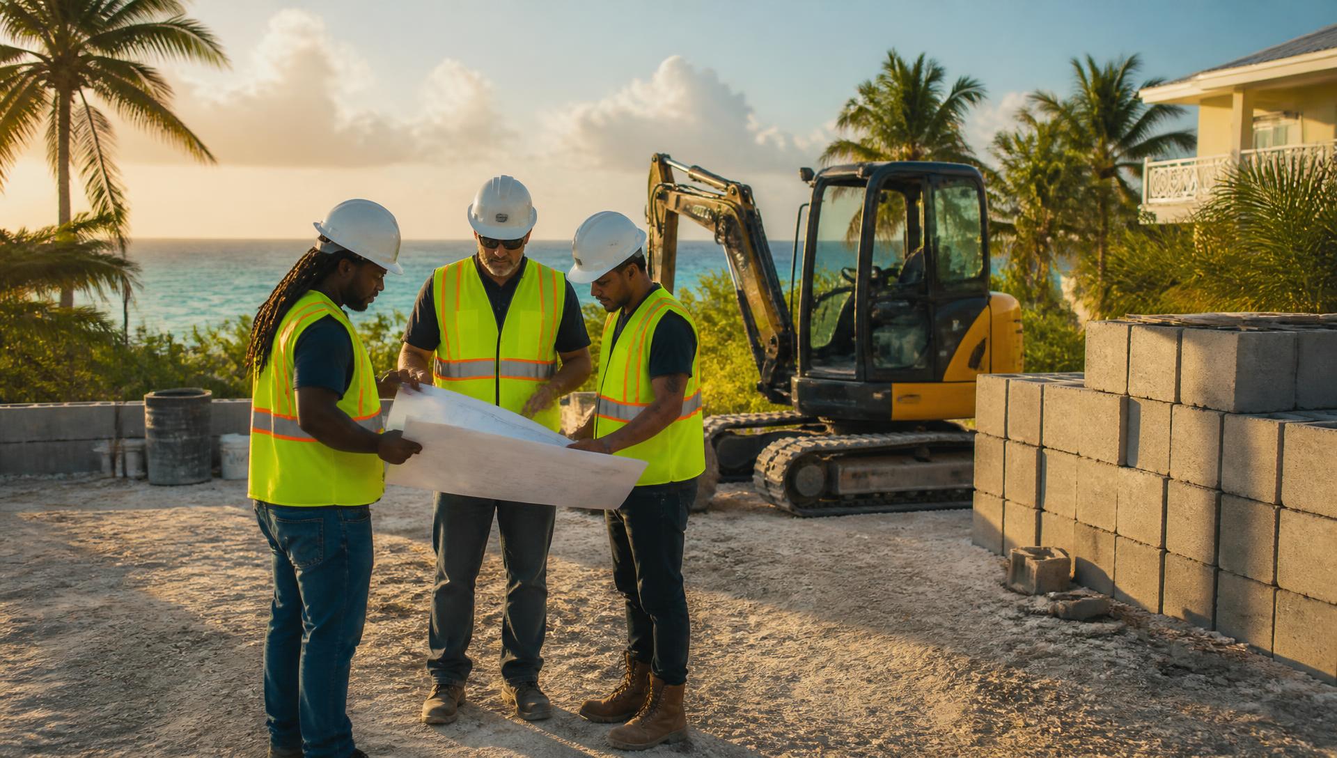 Contractors reviewing drawings beside a compact excavator on a Grand Cayman construction site